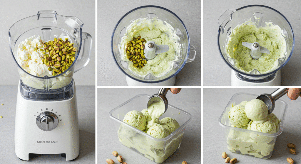 Step-by-step process of making cottage cheese pistachio ice cream from blending to serving