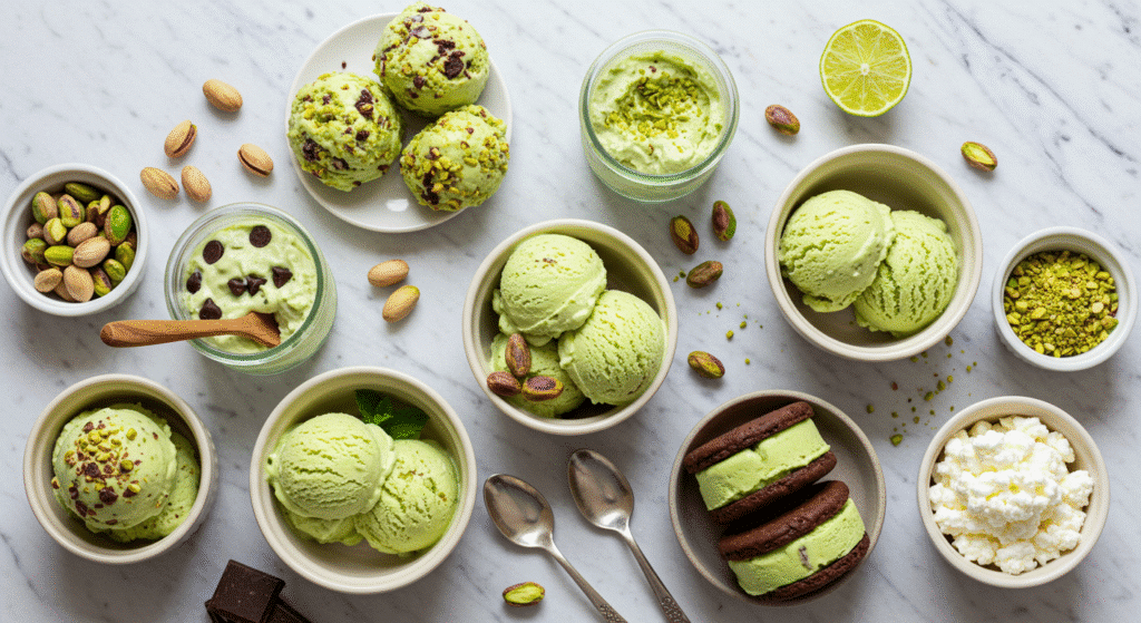 Creative variations of cottage cheese pistachio ice cream with different toppings and presentations