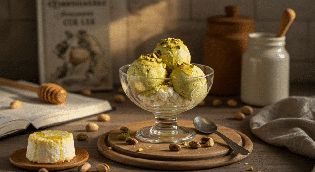 Beautifully presented cottage cheese pistachio ice cream in vintage glass bowl with pistachio garnish