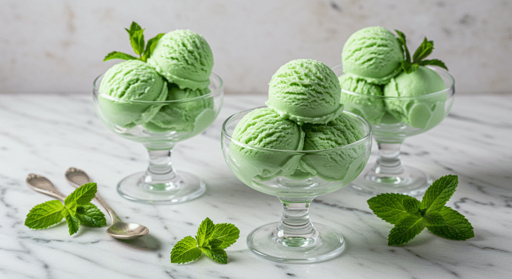 Cottage cheese mint ice cream scoops in glass bowls with fresh mint garnish