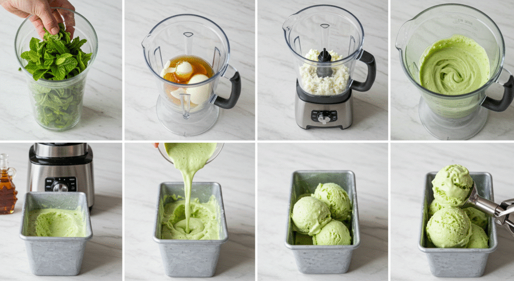 Step-by-step process of making cottage cheese mint ice cream from blending to serving