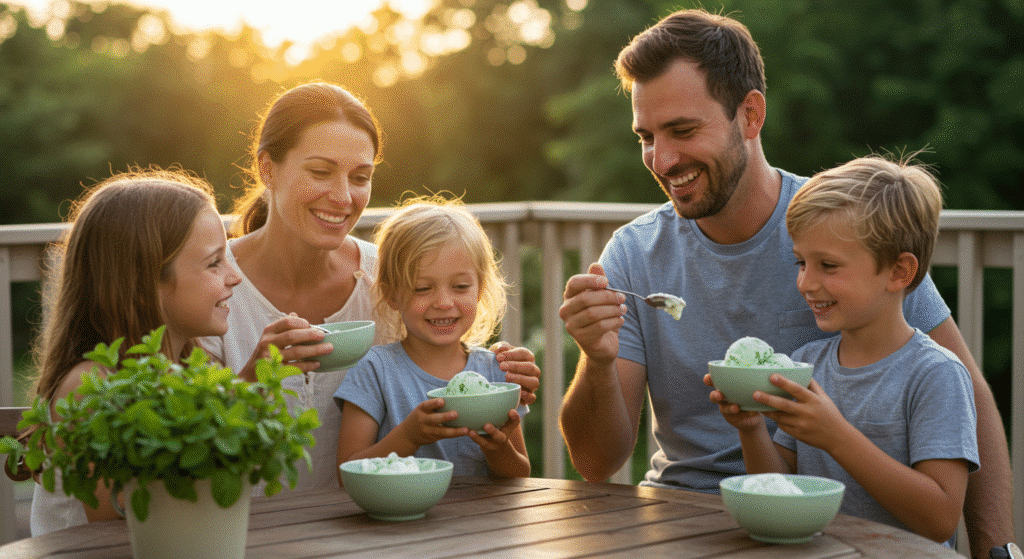 Happy family enjoying homemade cottage cheese mint ice cream on summer patio