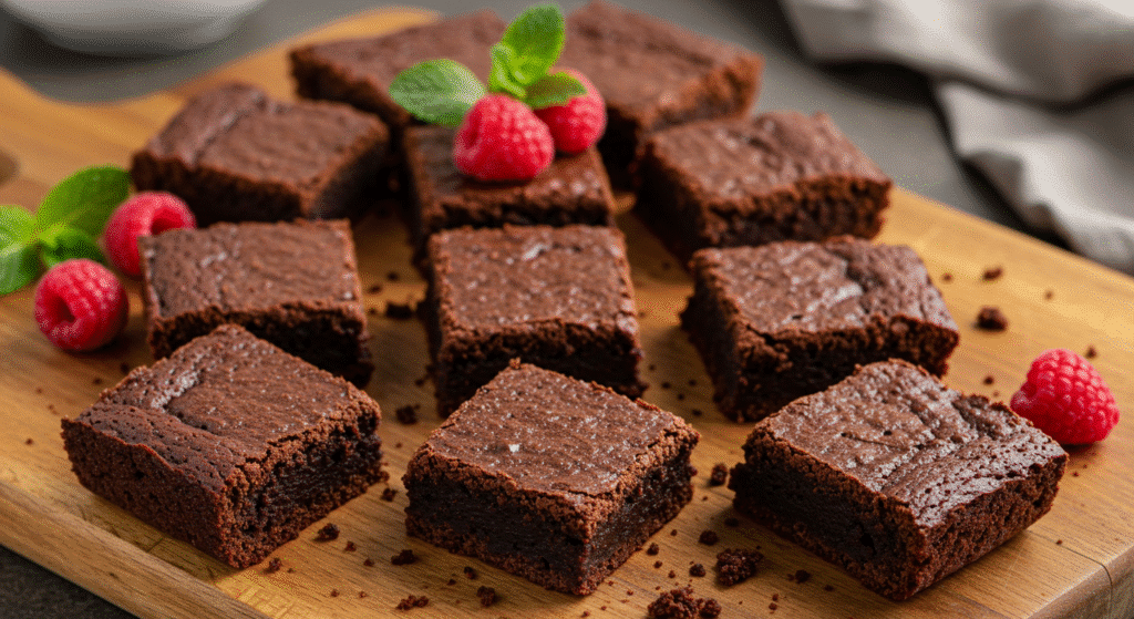 Healthy 3 ingredient brownies cut into squares on wooden cutting board with raspberries