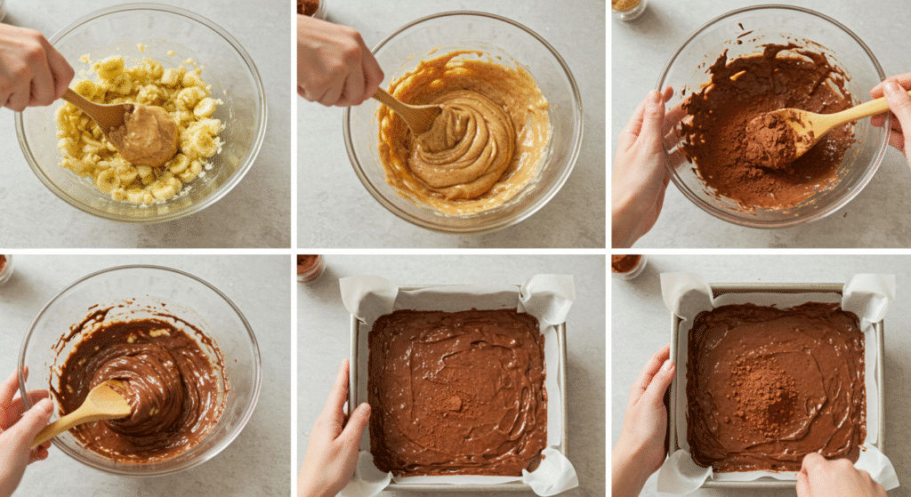 Step by step process of making healthy 3 ingredient brownies from mixing to pan