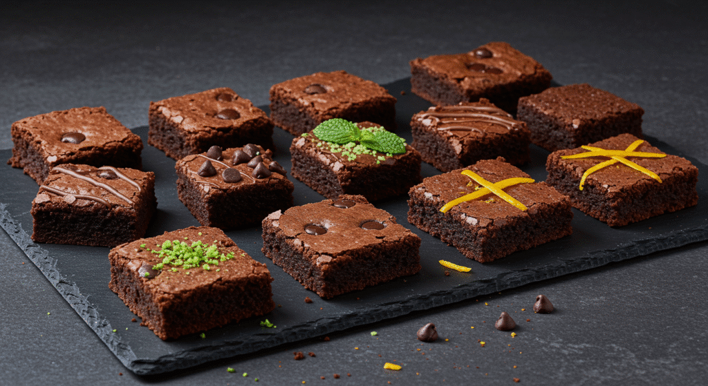 Various creative variations of healthy 3 ingredient brownies with different toppings and flavors