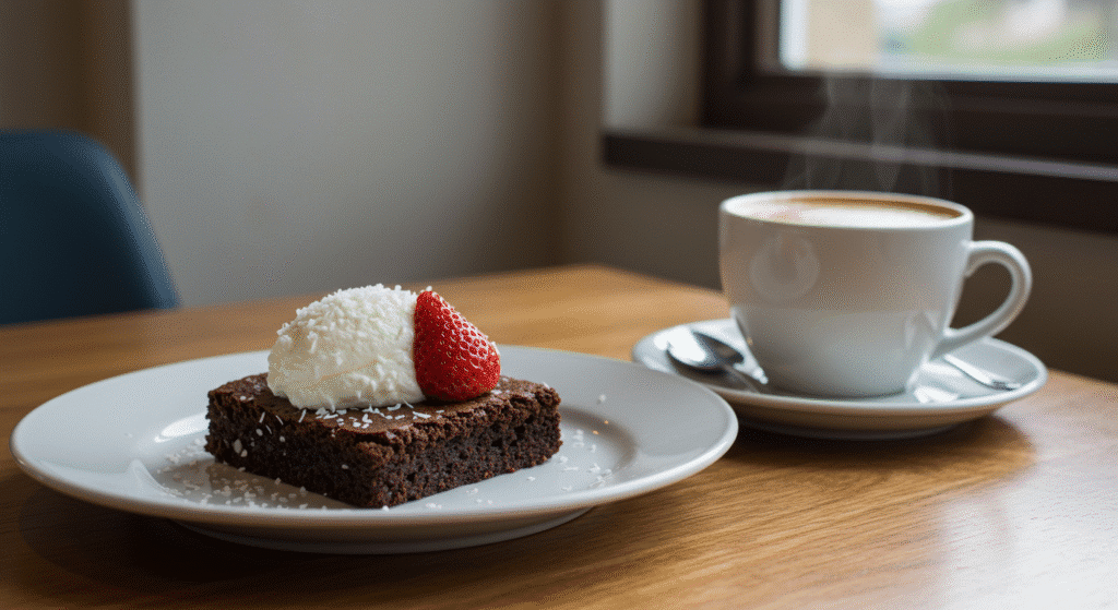 Plated healthy brownie with whipped cream and strawberry alongside coffee cup