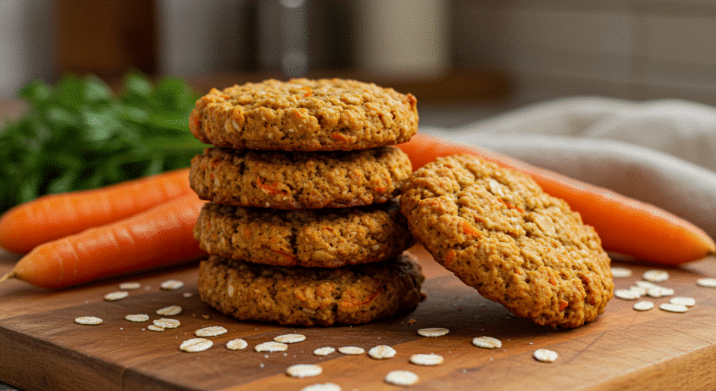 Golden carrot and oatmeal cookies stacked on wooden board with fresh carrots and oats
