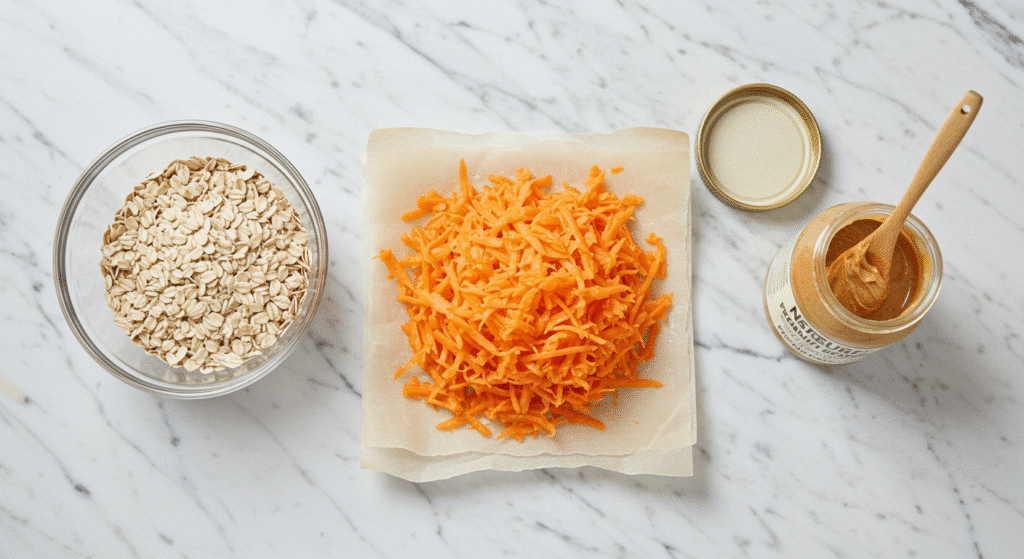Three ingredients for carrot oatmeal cookies - oats, grated carrots, and peanut butter