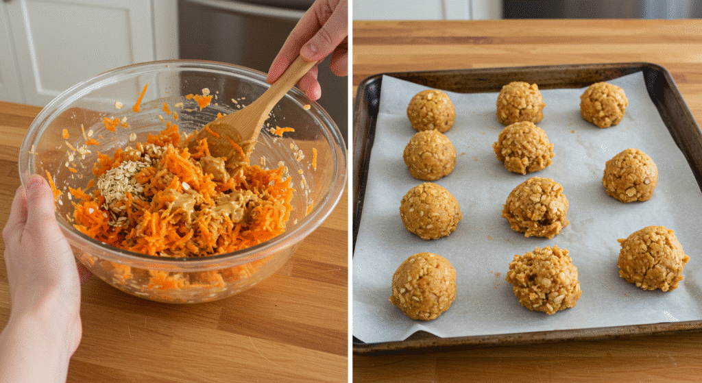 Step by step process of mixing and shaping carrot oatmeal cookie dough