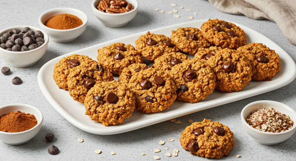 Various carrot oatmeal cookie variations with chocolate chips and spices on white platter