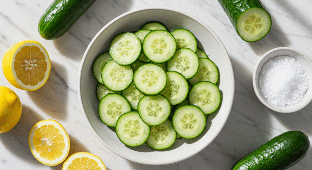 Fresh cucumber lemon salt salad in white bowl with ingredients on marble counter