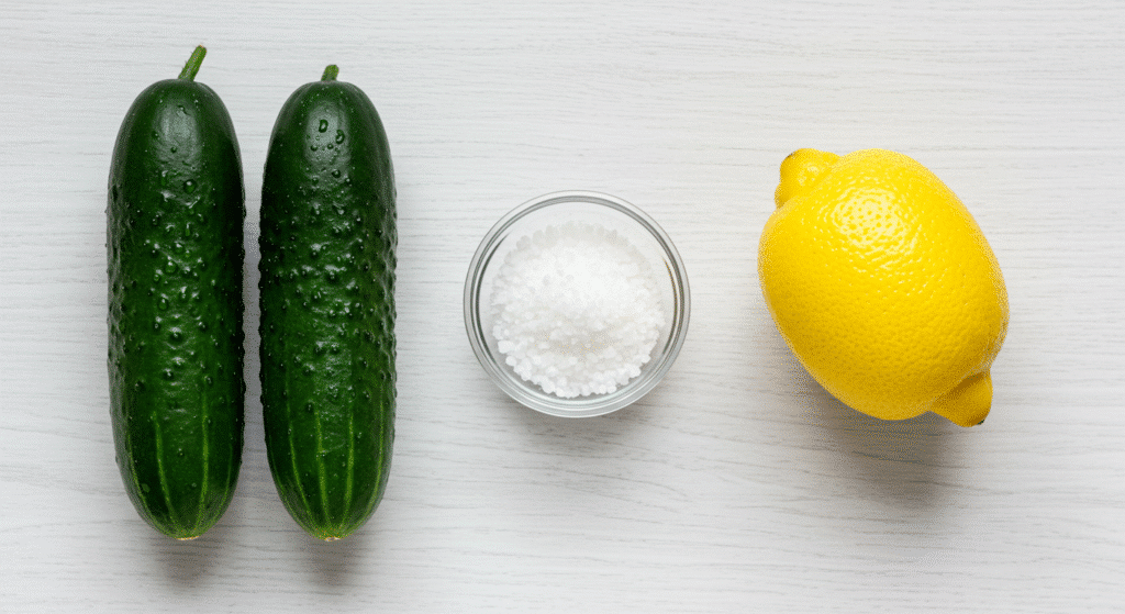 Three ingredients for cucumber lemon salt salad - cucumbers, lemon, and sea salt