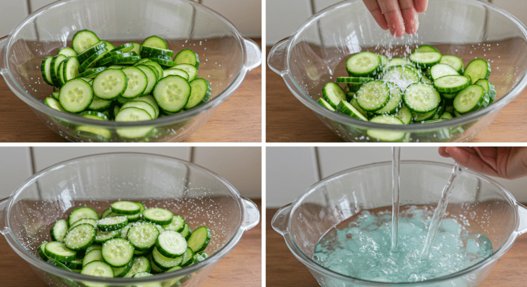 Step by step process of salting cucumbers for cucumber lemon salt salad