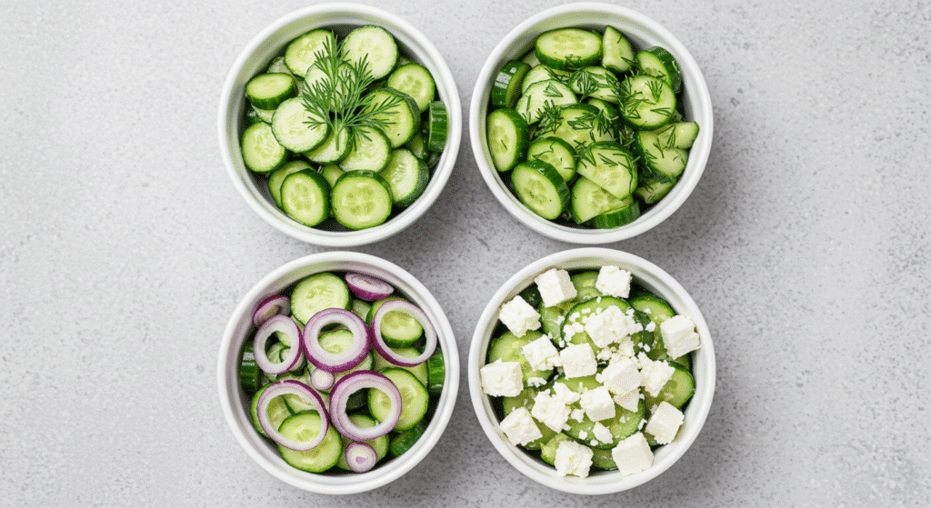 Four variations of cucumber lemon salt salad with different toppings and herbs