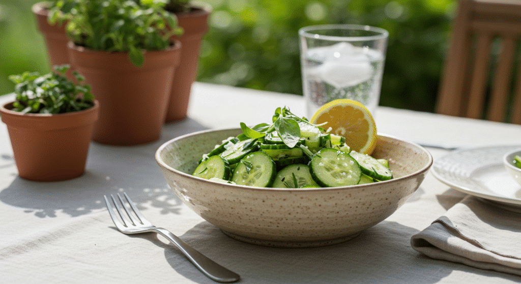 Cucumber lemon salt salad served outdoors on summer patio table