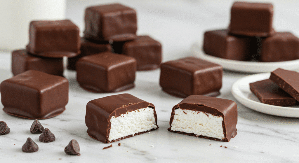 Cool Whip candy squares with chocolate coating showing fluffy white interior