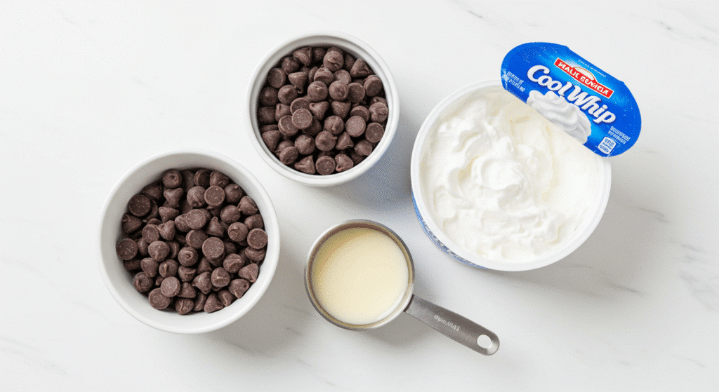 Three ingredients for Cool Whip candy: chocolate chips, Cool Whip, and shortening