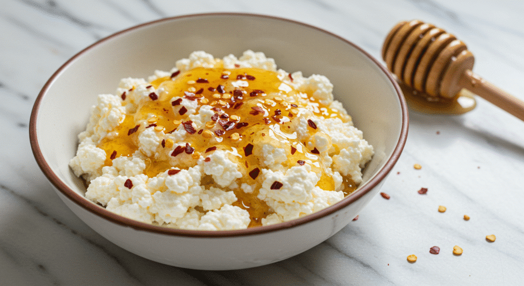 Hot honey drizzled over cottage cheese in a white bowl with chili flakes