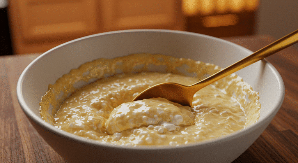 Partially eaten cottage cheese bowl with hot honey and a spoon