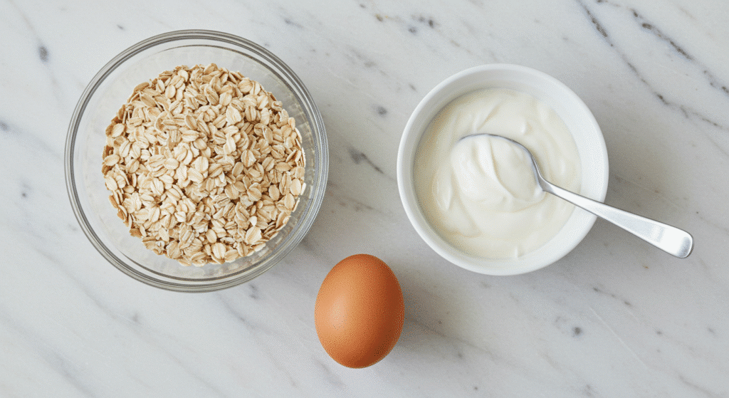 Three ingredients for oat bread recipe - rolled oats Greek yogurt and egg on marble surface