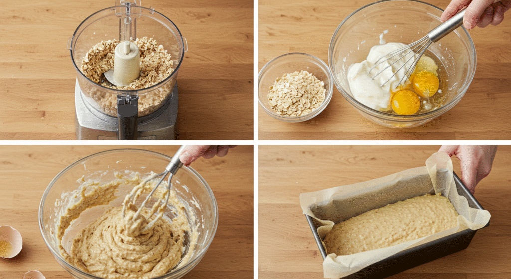 Step by step process making 3-ingredient oat bread from grinding oats to pouring batter