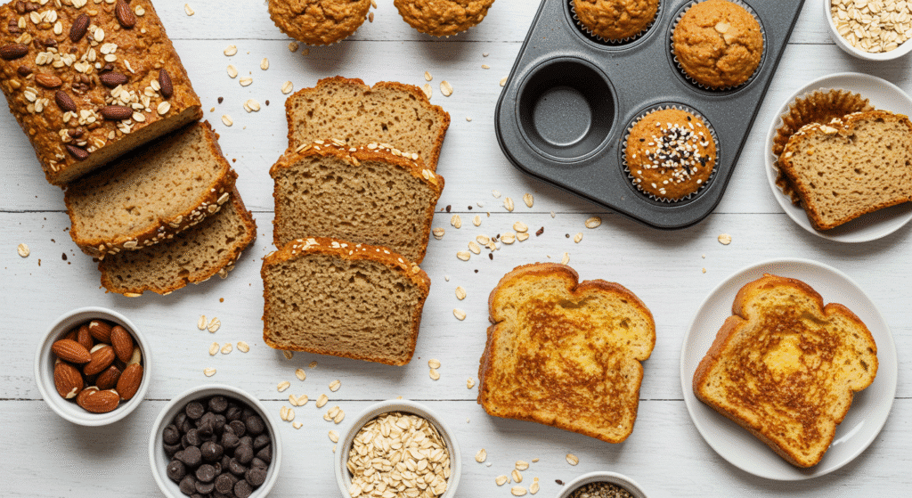 Creative variations of 3-ingredient oat bread including muffins sweet toppings and savory options