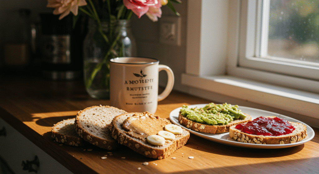 Oat bread served as breakfast toast with almond butter banana and avocado toppings