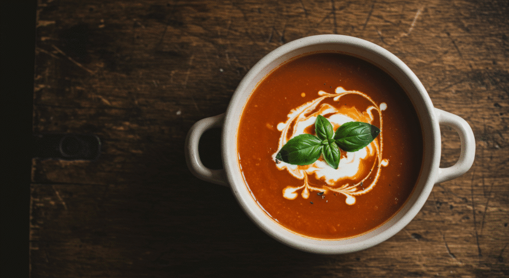 Homemade 3 ingredient tomato soup in white bowl with cream swirl and basil garnish