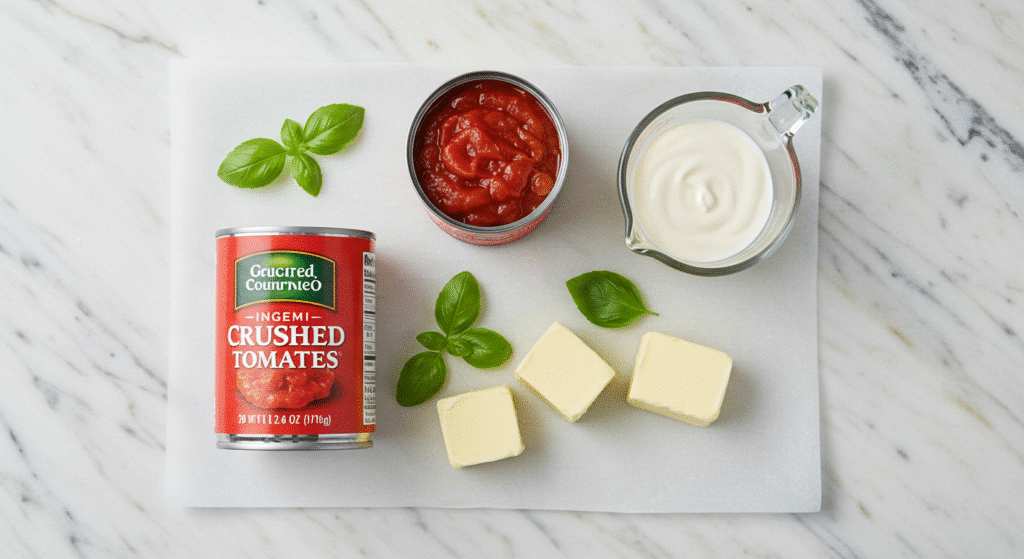 Three ingredients for homemade tomato soup - canned tomatoes, heavy cream, and butter
