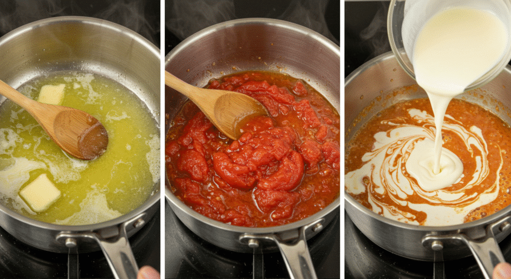 Step-by-step process of making 3 ingredient tomato soup showing butter, tomatoes, and cream