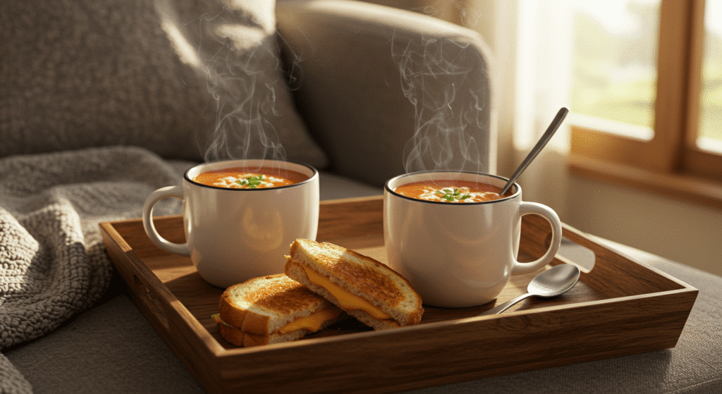 Cozy scene of tomato soup served in mugs with grilled cheese sandwiches