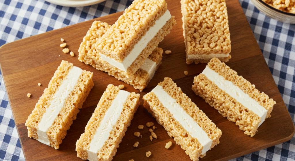 Homemade rice krispie treat ice cream sandwiches with vanilla ice cream on wooden serving board