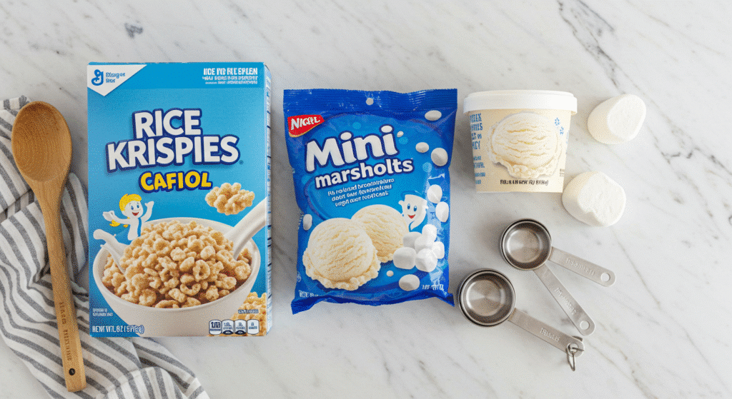 Three ingredients for rice krispie treat ice cream sandwiches - cereal, marshmallows, and vanilla ice cream