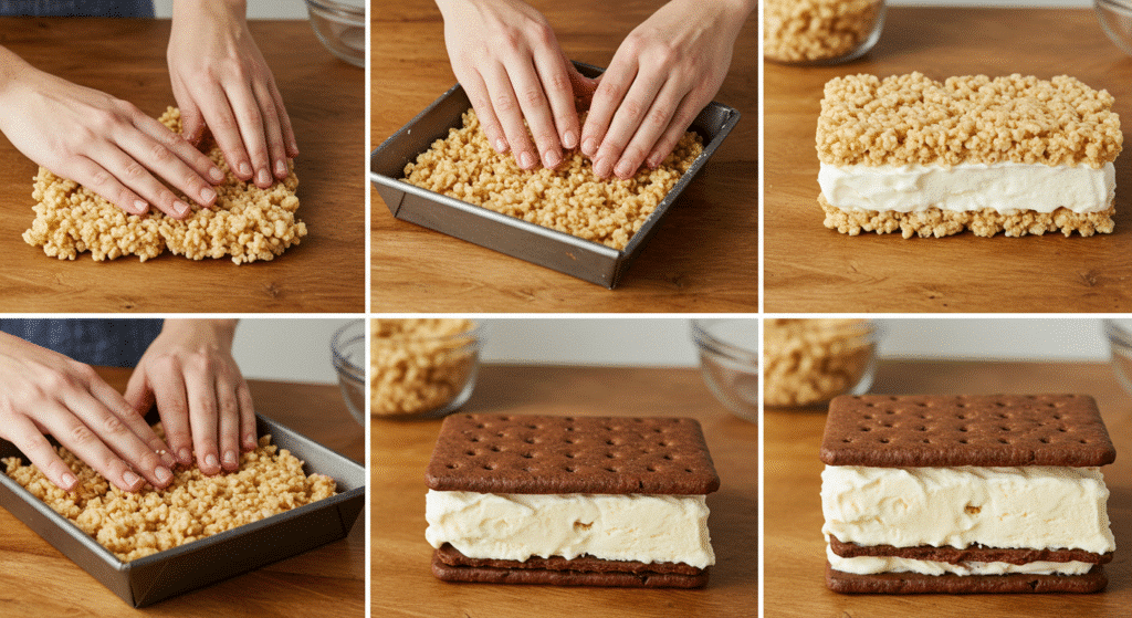 Step-by-step process of making rice krispie treat ice cream sandwiches showing assembly stages