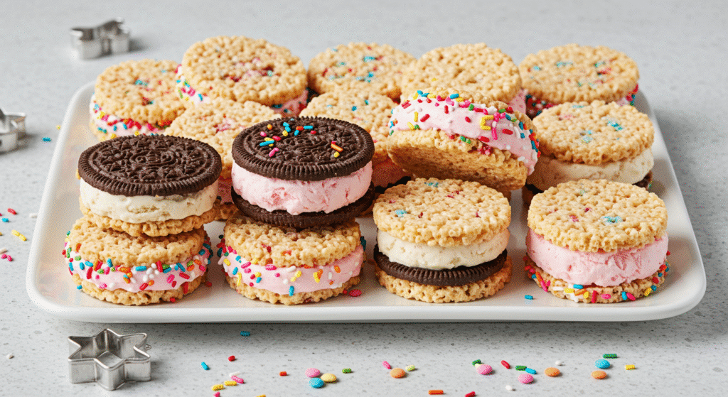 Creative variations of rice krispie treat ice cream sandwiches with different flavors and decorations