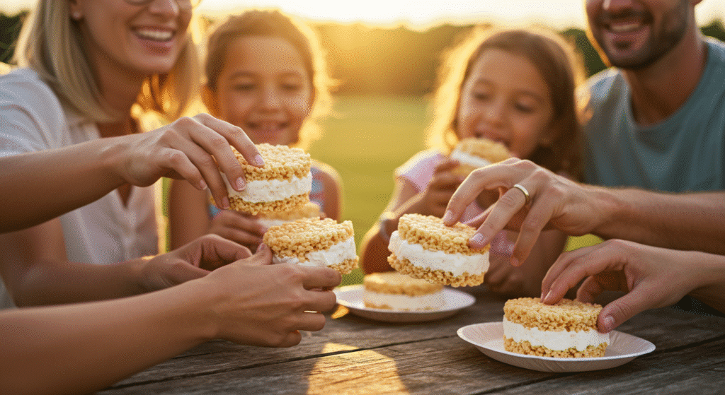 Family enjoying homemade rice krispie treat ice cream sandwiches at summer outdoor gathering