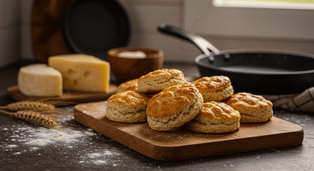 Freshly baked 3 ingredient sausage biscuits on wooden cutting board