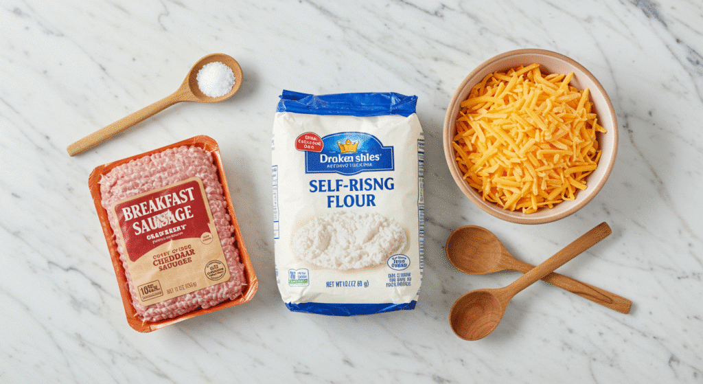 Three ingredients for sausage biscuits: ground sausage, self-rising flour, and cheddar cheese
