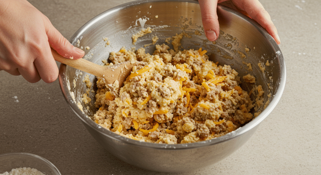 Hands mixing sausage biscuit dough with cooked sausage and cheese in mixing bowl