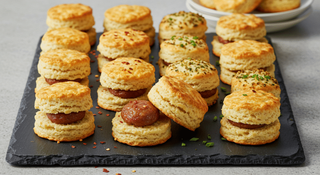 Different variations of sausage biscuits showing spicy, herb, and bite-sized options
