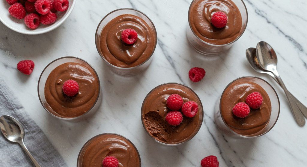 Rich chocolate mousse in glass cups with raspberry garnish