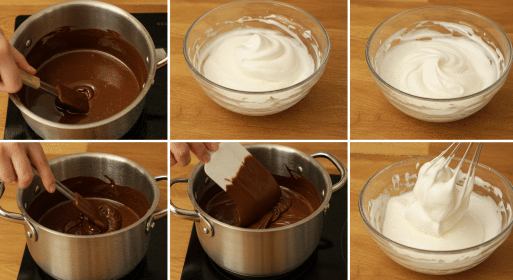 Step-by-step chocolate mousse preparation process showing melting and mixing
