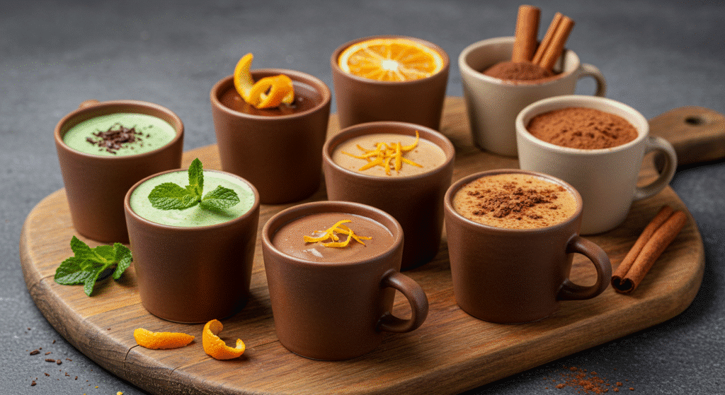 Different chocolate mousse variations including mint, orange, and mocha flavors