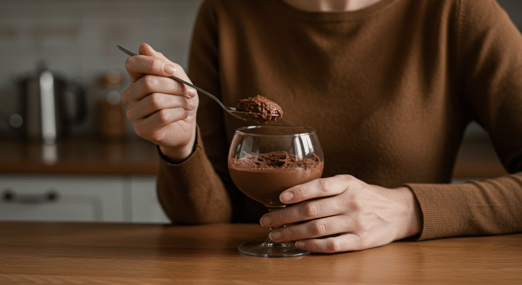 Enjoying homemade chocolate mousse in a cozy kitchen setting