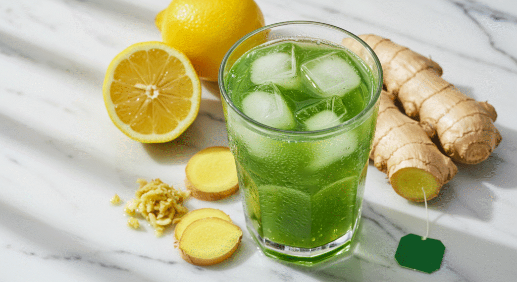 Brazilian Mounjaro recipe 3 ingredients drink in glass with lemon ginger and green tea