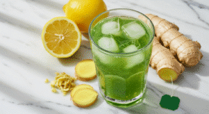 Brazilian Mounjaro recipe 3 ingredients drink in glass with lemon ginger and green tea
