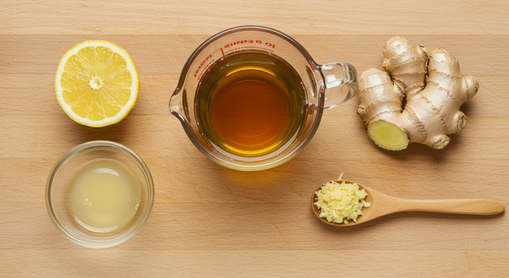 Three ingredients for Brazilian Mounjaro recipe laid out - green tea lemon juice and fresh ginger