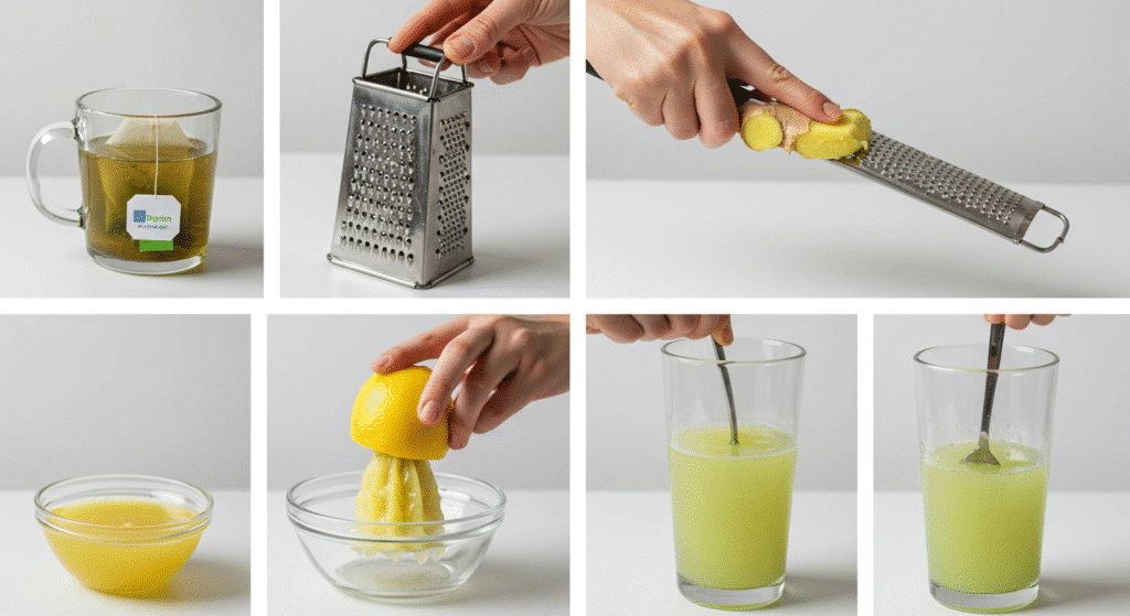 Step by step process of making Brazilian Mounjaro recipe showing tea brewing grating ginger and mixing