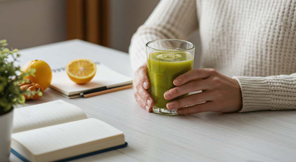 Woman enjoying Brazilian Mounjaro drink at kitchen table in cozy morning wellness routine
