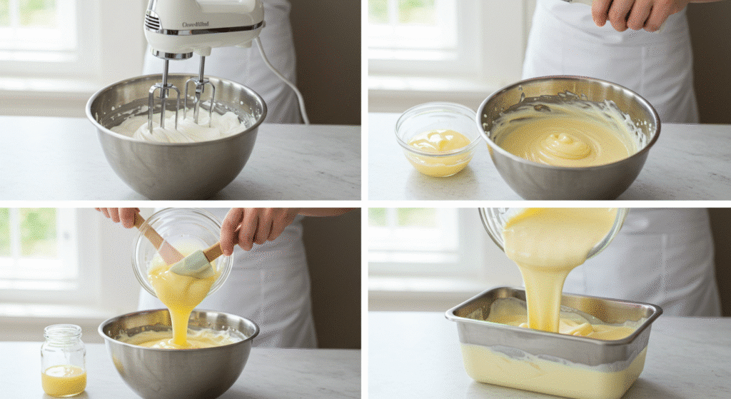 Four-step process of making no-churn ice cream with electric mixer and bowls